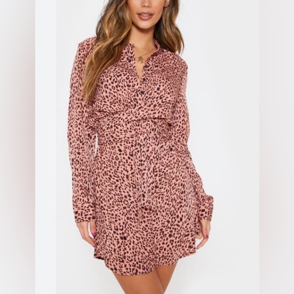 PrettyLittleThing Dresses & Skirts - Pink Leopard Print Tie Waist Collarless Shirt Dress 4